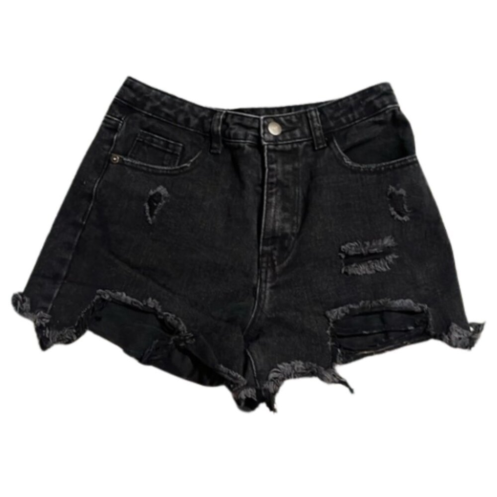 PrettyLittleThing Black High-Waisted Jean Shorts Size 10 | Distressed Raw Hem